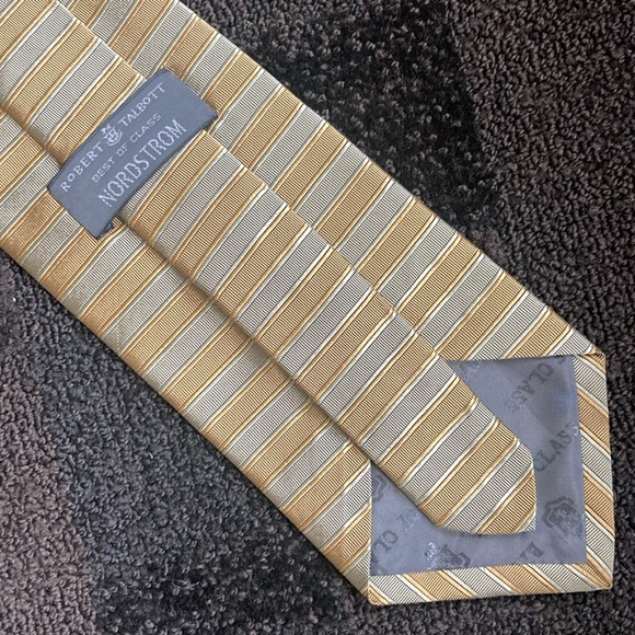 VNTG Robert Talbott Best of Class Nordstrom Gold & Taupe Stripe WIDE Silk Tie - Picture 4 of 7
